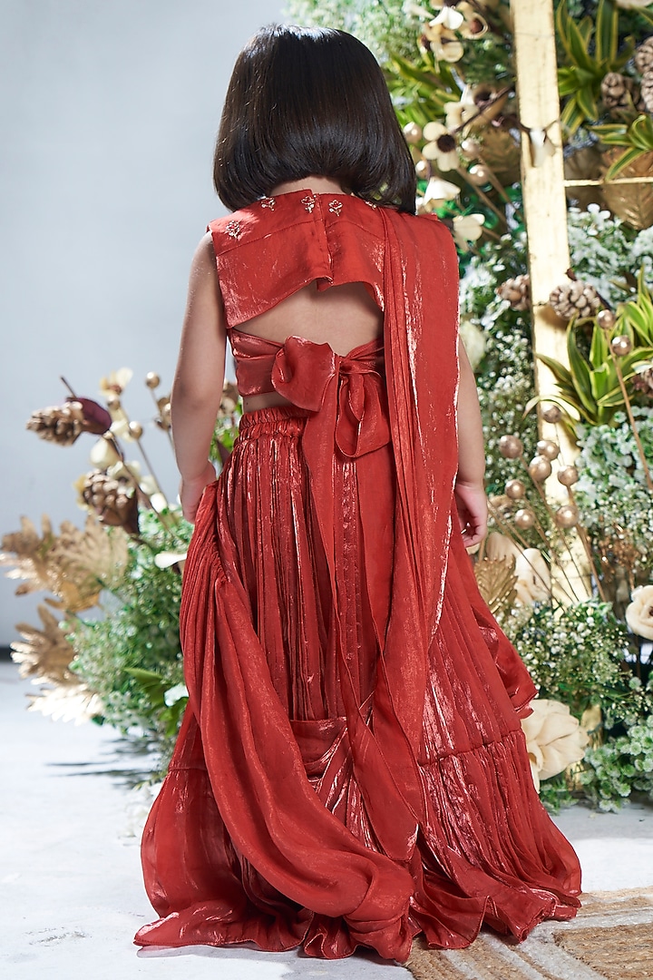 Rust Orange Crepe Tissue Lehenga Set For Girls by Vivedkids at Pernia's Pop Up Shop