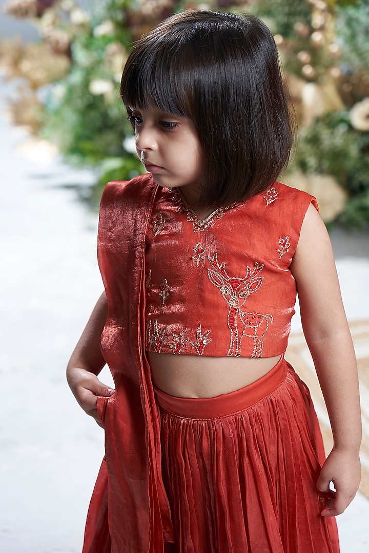 Rust Orange Crepe Tissue Lehenga Set For Girls by Vivedkids at Pernia's Pop Up Shop