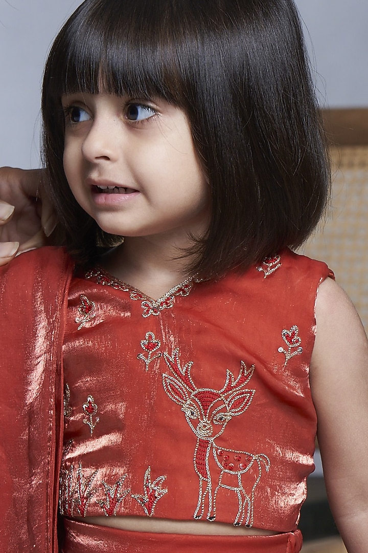 Rust Orange Crepe Tissue Lehenga Set For Girls by Vivedkids at Pernia's Pop Up Shop