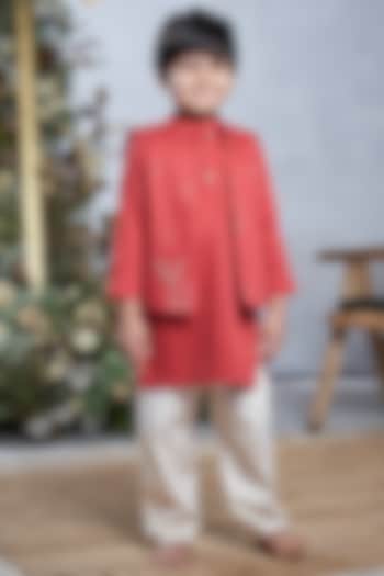 Rust Orange Cotton Bundi Jacket Set For Boys by Vivedkids