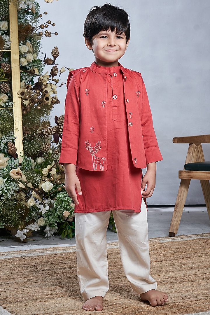 Rust Orange Cotton Bundi Jacket Set For Boys by Vivedkids