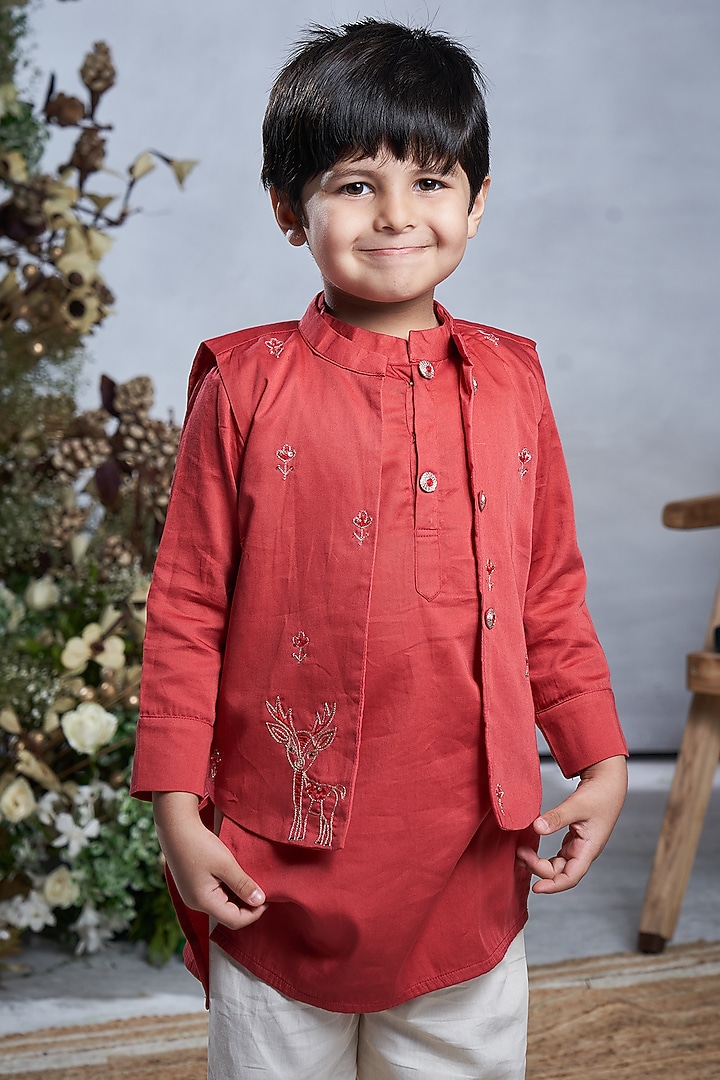 Rust Orange Cotton Bundi Jacket Set For Boys by Vivedkids at Pernia's Pop Up Shop