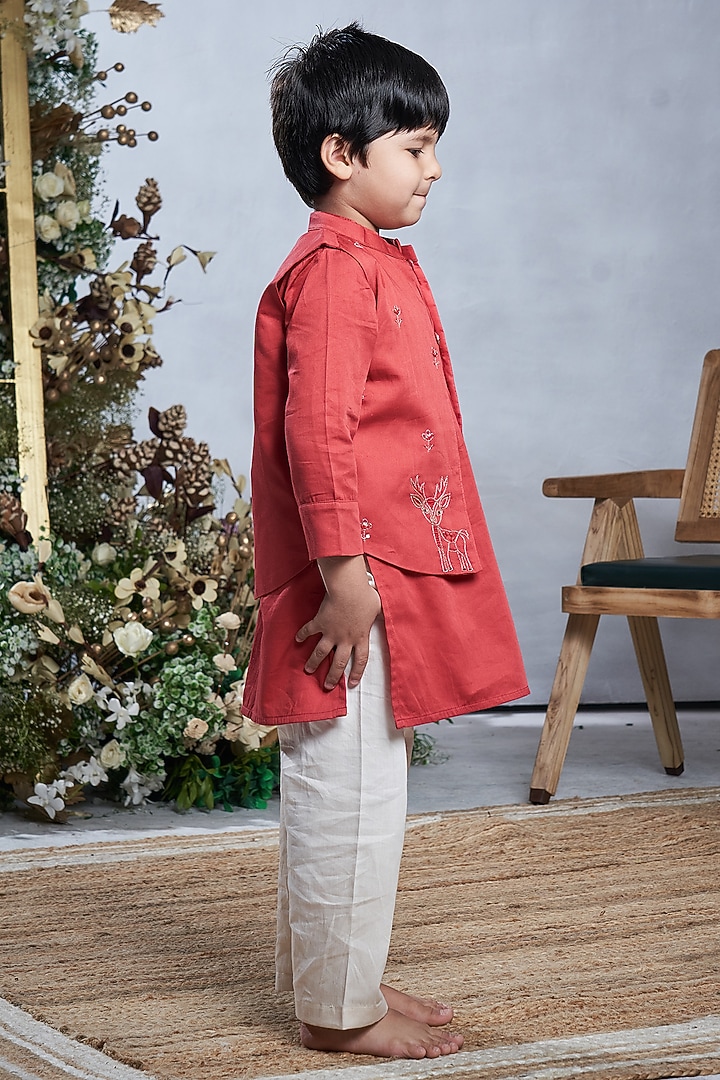 Rust Orange Cotton Bundi Jacket Set For Boys by Vivedkids at Pernia's Pop Up Shop