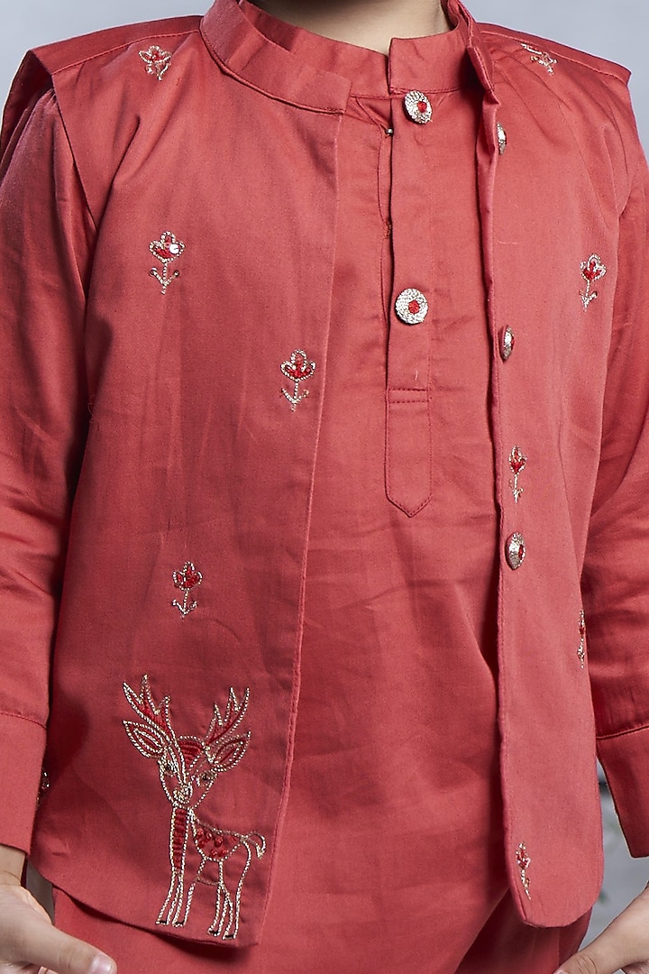 Rust Orange Cotton Bundi Jacket Set For Boys by Vivedkids at Pernia's Pop Up Shop