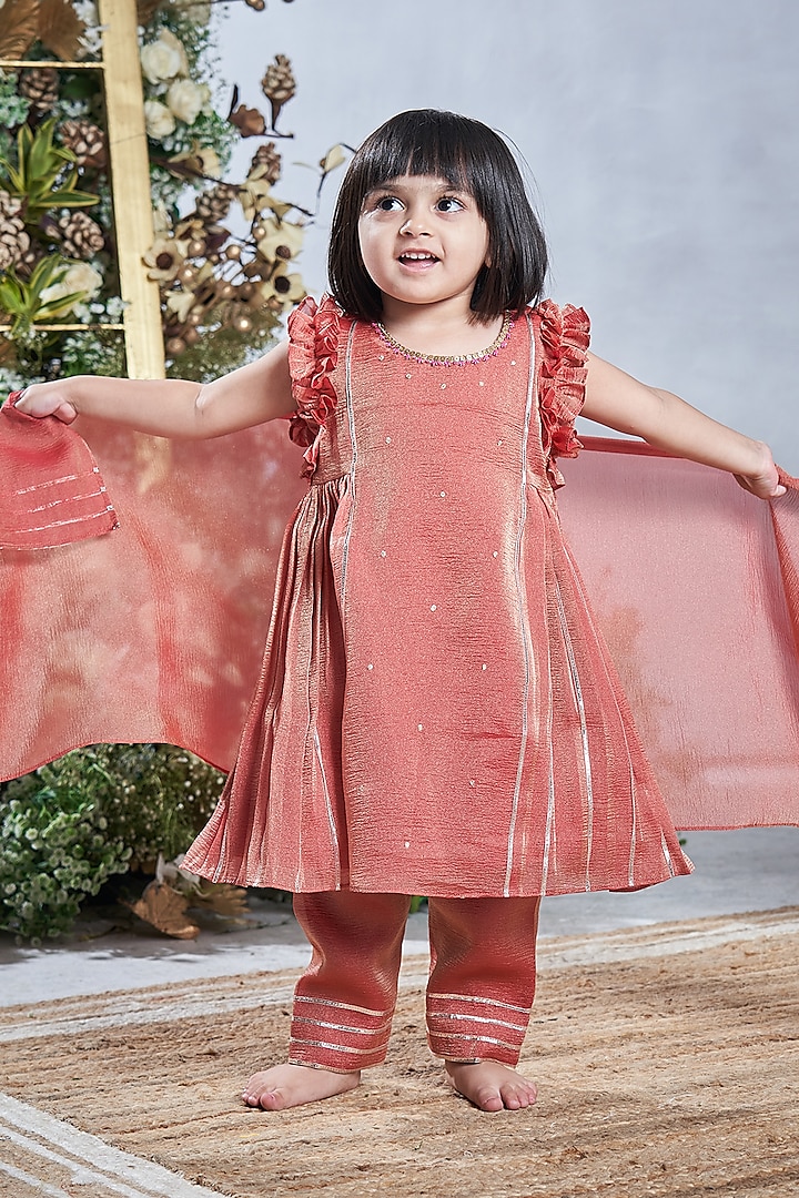 Rust Orange Tissue Kurta Set For Girls by Vivedkids at Pernia's Pop Up Shop