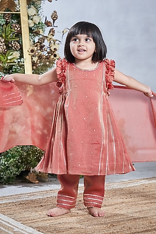 Rust Orange Tissue Kurta Set For Girls by Vivedkids