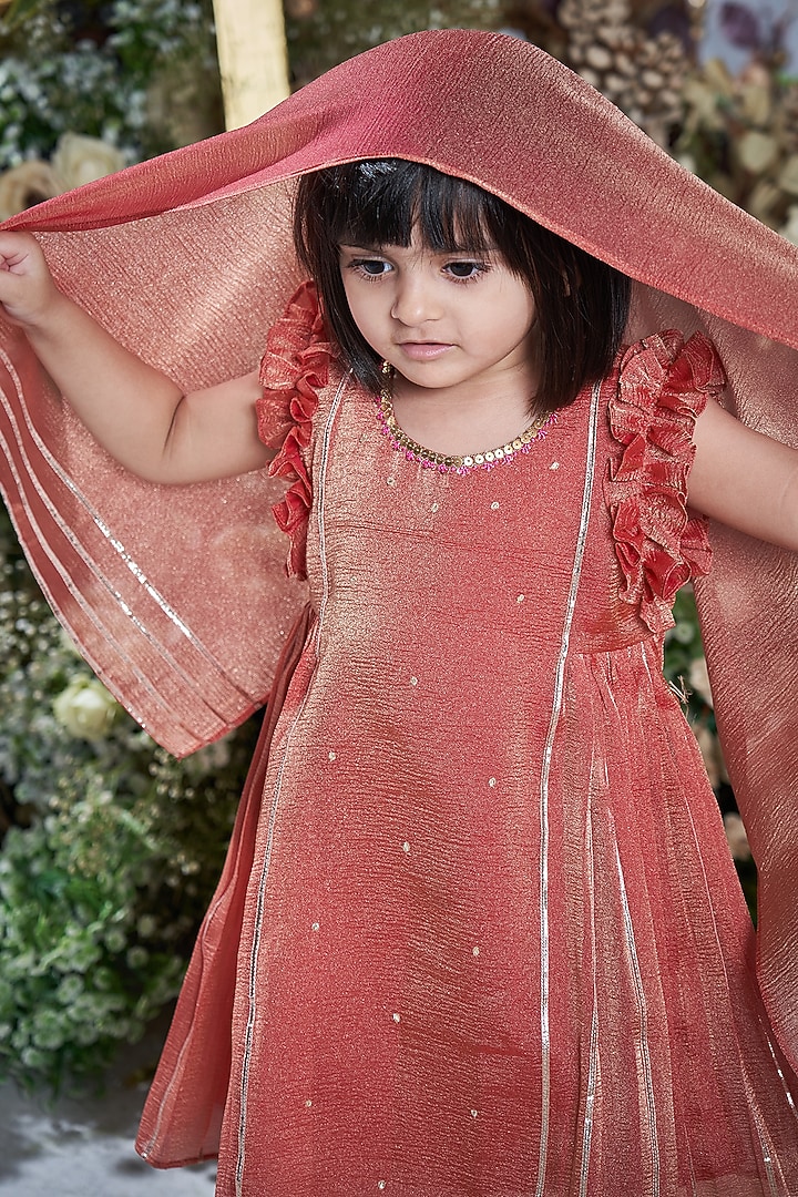 Rust Orange Tissue Kurta Set For Girls by Vivedkids at Pernia's Pop Up Shop