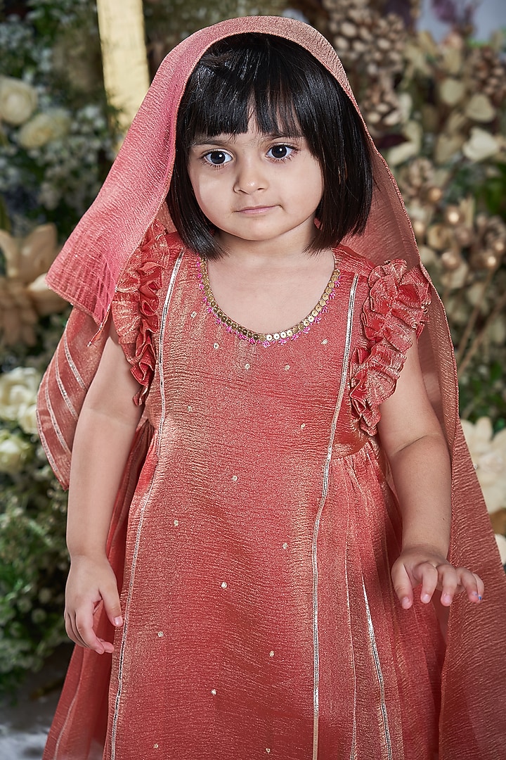 Rust Orange Tissue Kurta Set For Girls by Vivedkids at Pernia's Pop Up Shop