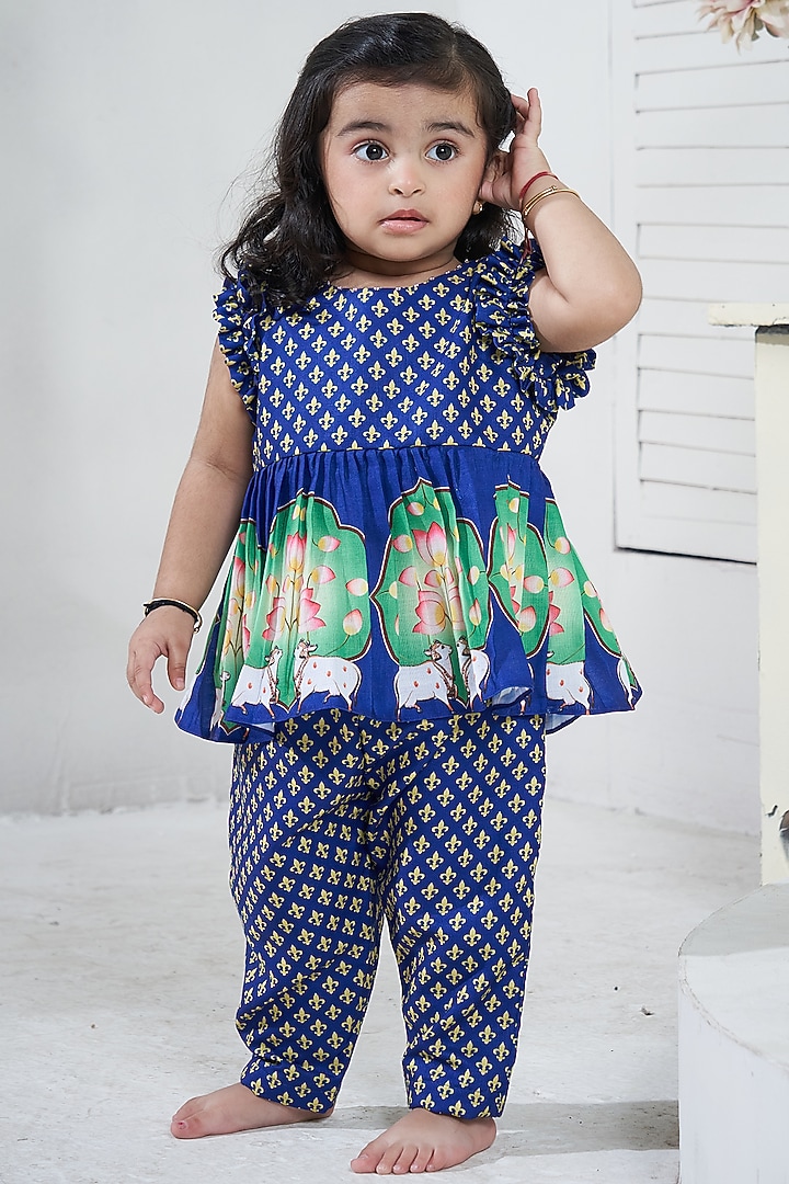 Blue Cotton Pichwai Pant Set For Girls by Vivedkids at Pernia's Pop Up Shop