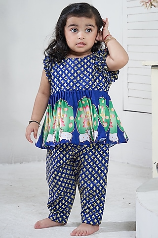 Blue Cotton Pichwai Pant Set For Girls by Vivedkids