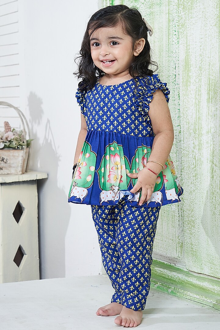 Blue Cotton Pichwai Pant Set For Girls by Vivedkids at Pernia's Pop Up Shop