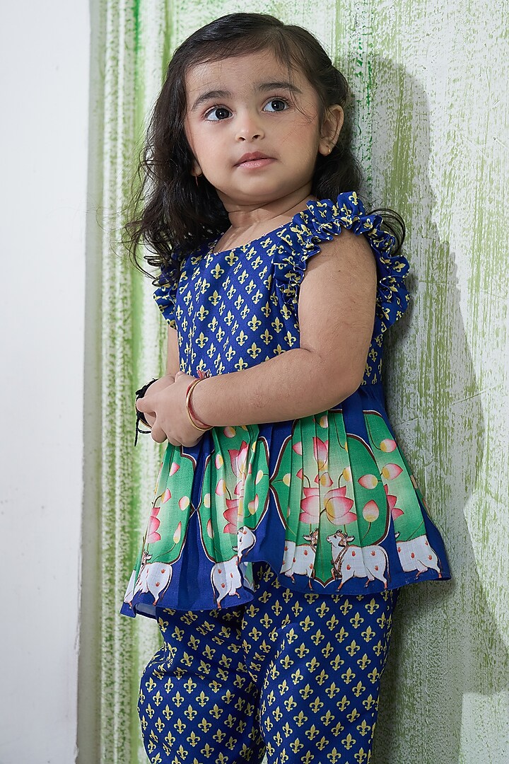 Blue Cotton Pichwai Pant Set For Girls by Vivedkids at Pernia's Pop Up Shop