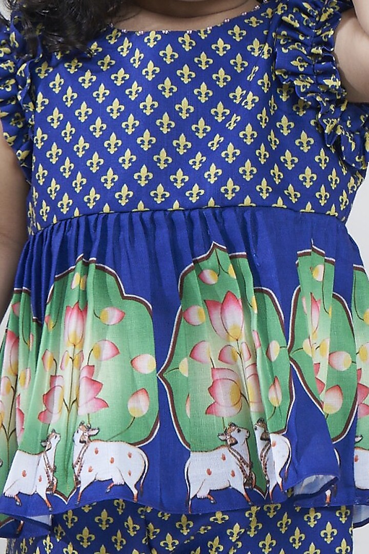 Blue Cotton Pichwai Pant Set For Girls by Vivedkids at Pernia's Pop Up Shop