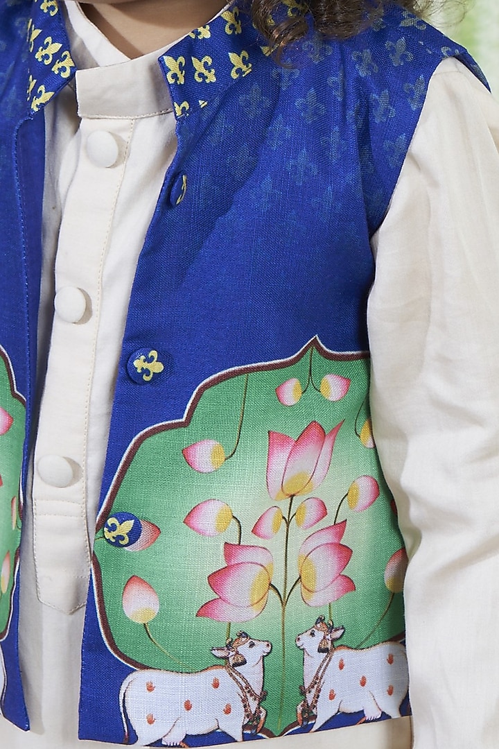 Blue Cotton Pichwai Bundi Jacket Set For Boys by Vivedkids at Pernia's Pop Up Shop