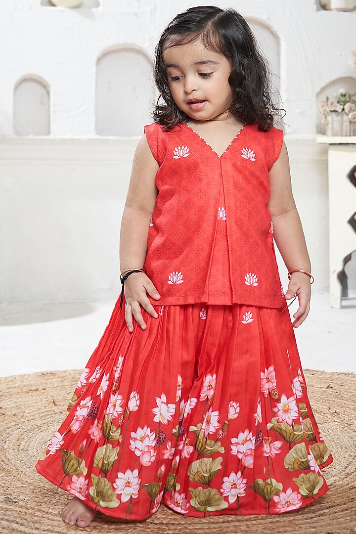 Red Cotton Pichwai Sharara Set For Girls by Vivedkids at Pernia's Pop Up Shop