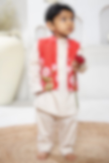 Red Cotton Pichwai Bundi Jacket Set For Girls by Vivedkids