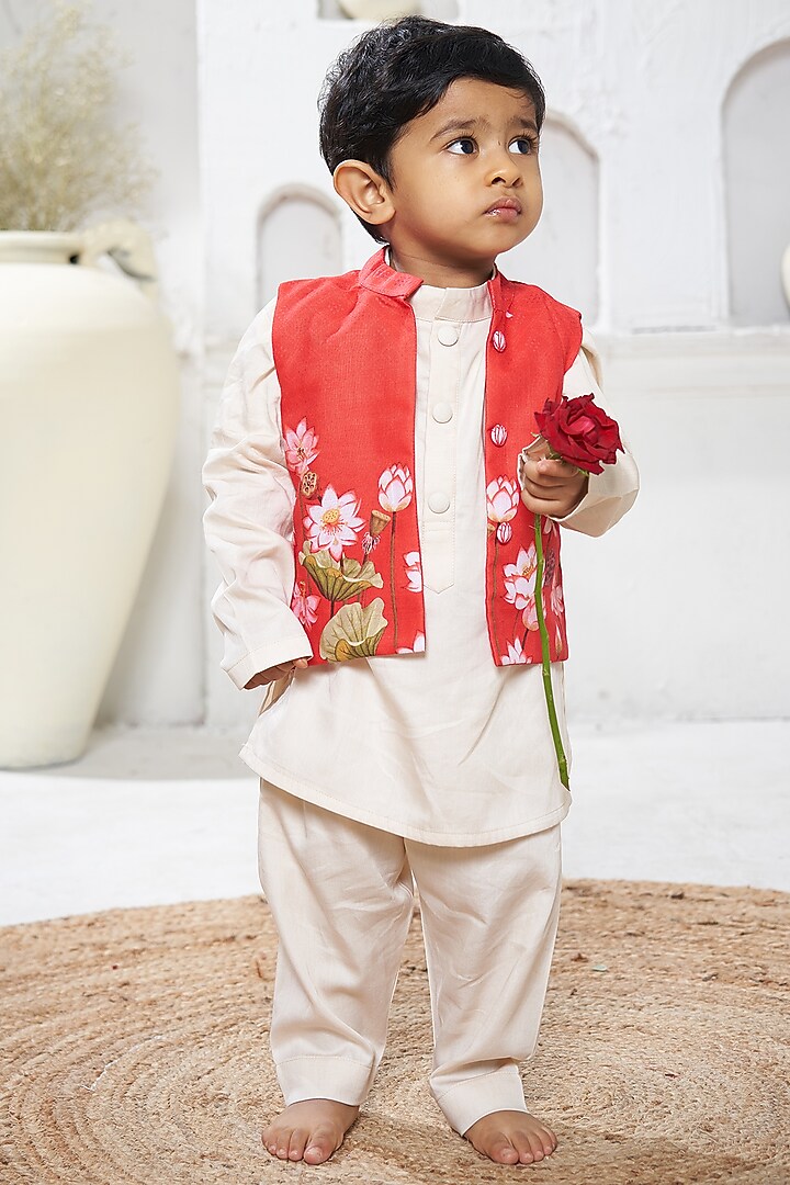 Red Cotton Pichwai Bundi Jacket Set For Girls by Vivedkids