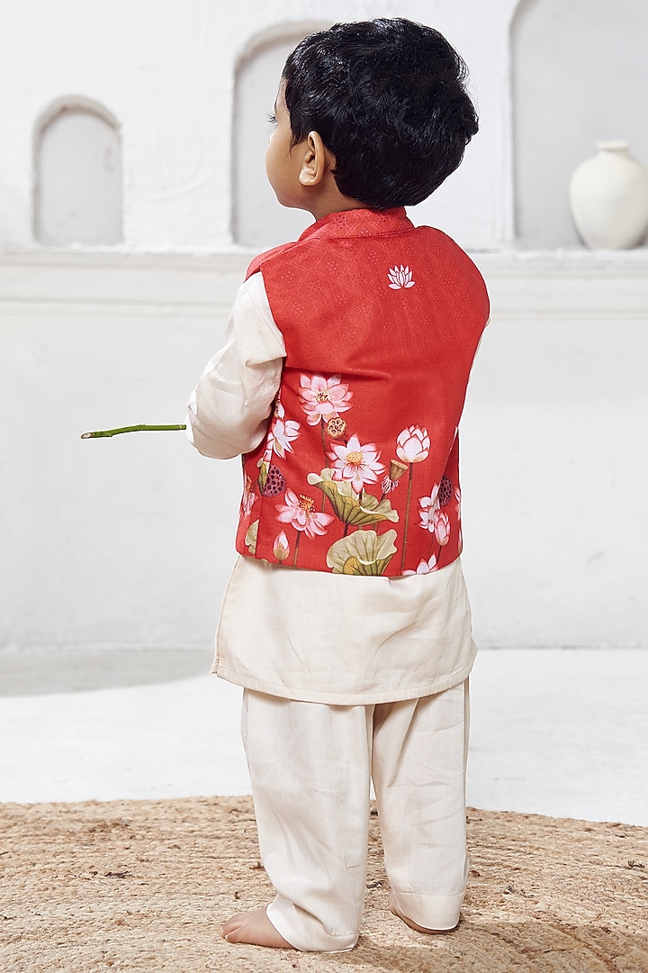 Red Cotton Pichwai Bundi Jacket Set For Girls by Vivedkids at Pernia's Pop Up Shop