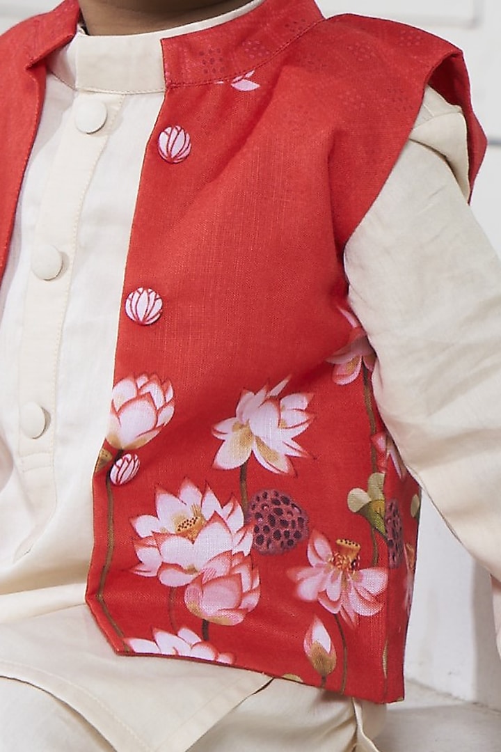 Red Cotton Pichwai Bundi Jacket Set For Girls by Vivedkids at Pernia's Pop Up Shop
