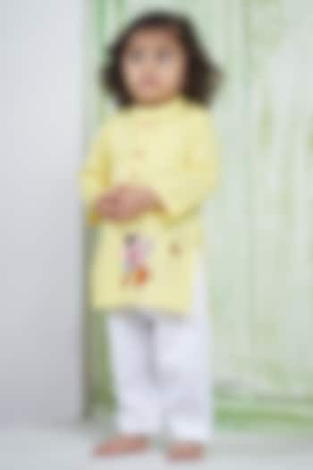 Lime Yellow Cotton Ganpati Kurta Set For Boys by Vivedkids