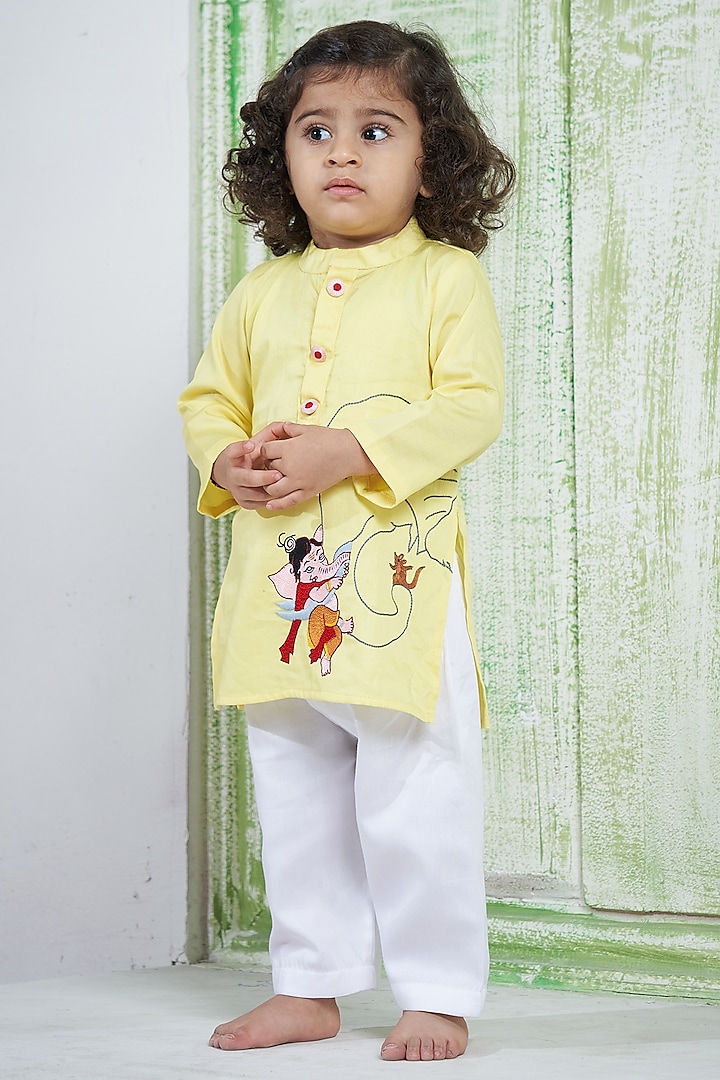 Lime Yellow Cotton Ganpati Kurta Set For Boys by Vivedkids