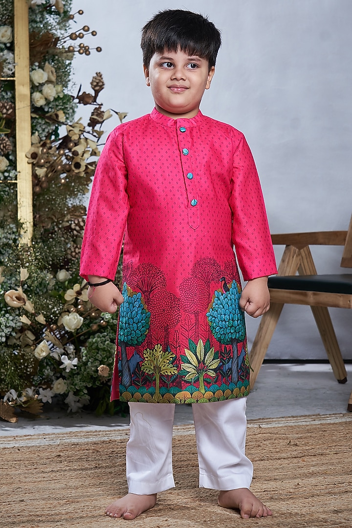 Fuchsia Cotton Pichwai Kurta Set For Boys by Vivedkids