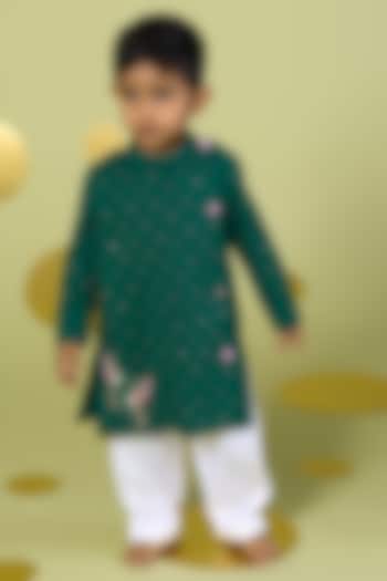 Green Cotton Mirror Hand Embroidered Kurta Set For Boys by Vivedkids