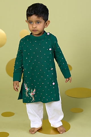 Green Cotton Mirror Hand Embroidered Kurta Set For Boys by Vivedkids