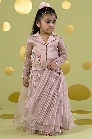 Ivory Tissue Bird Embroidered Lehenga Set For Girls by Vivedkids