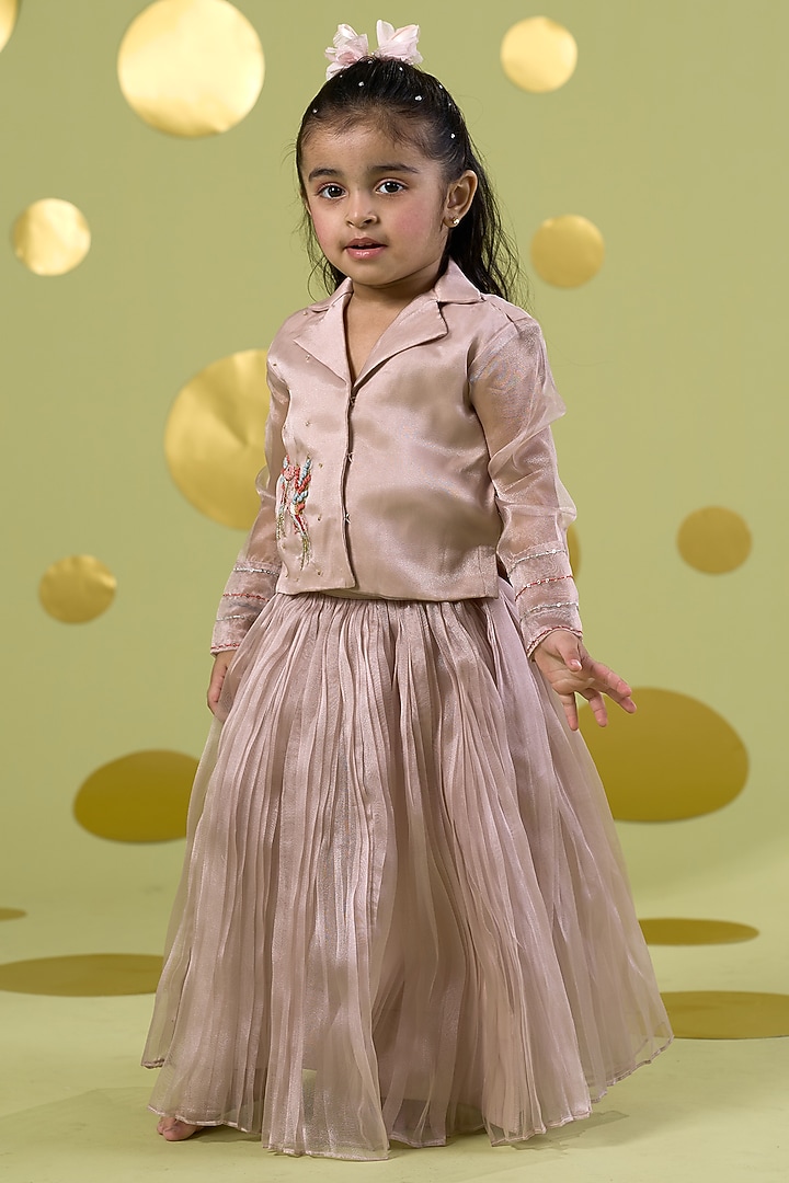 Ivory Tissue Bird Embroidered Lehenga Set For Girls by Vivedkids at Pernia's Pop Up Shop