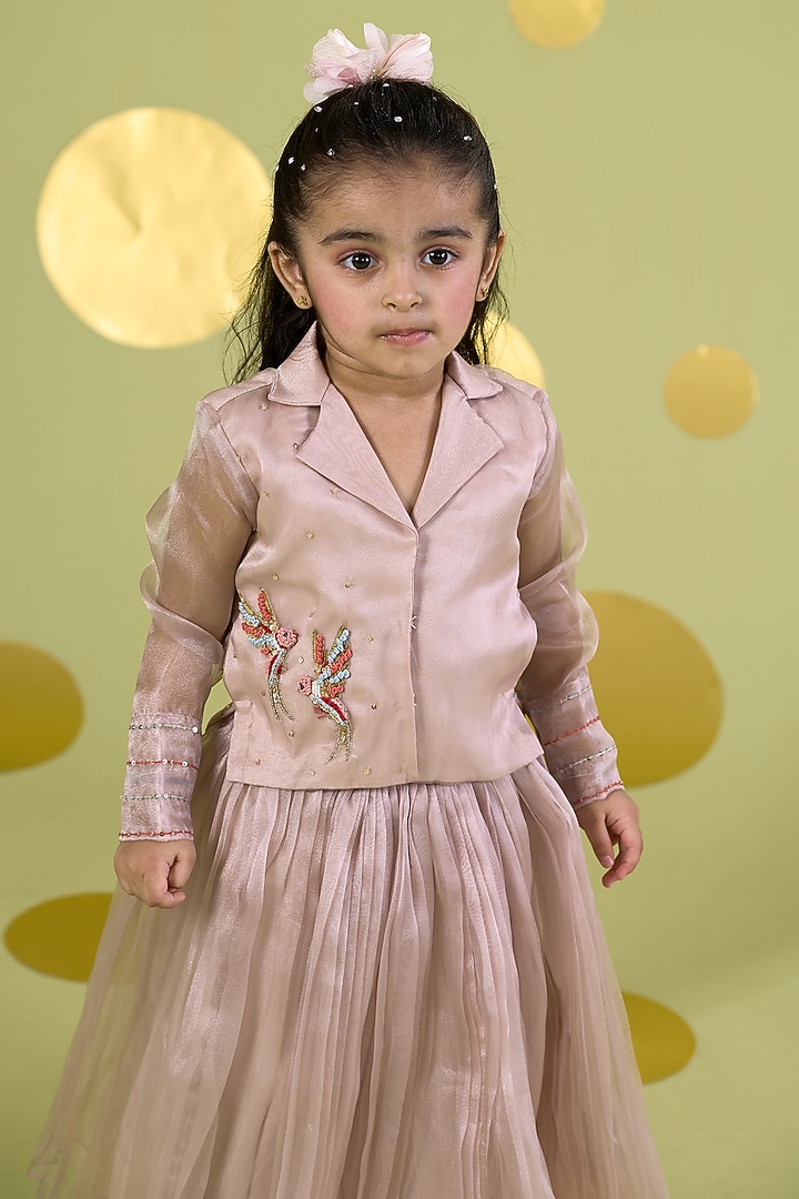 Ivory Tissue Bird Embroidered Lehenga Set For Girls by Vivedkids at Pernia's Pop Up Shop