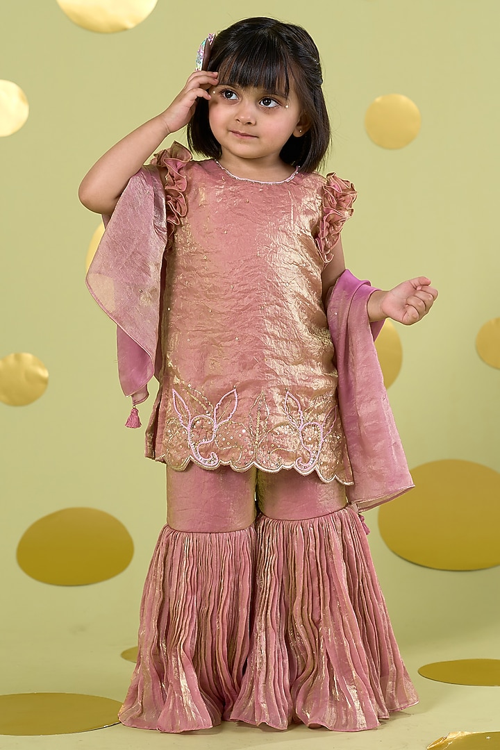 Pink Tissue Motif Hand Work Sharara Set For Girls by Vivedkids at Pernia's Pop Up Shop