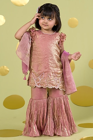 Pink Tissue Motif Hand Work Sharara Set For Girls by Vivedkids