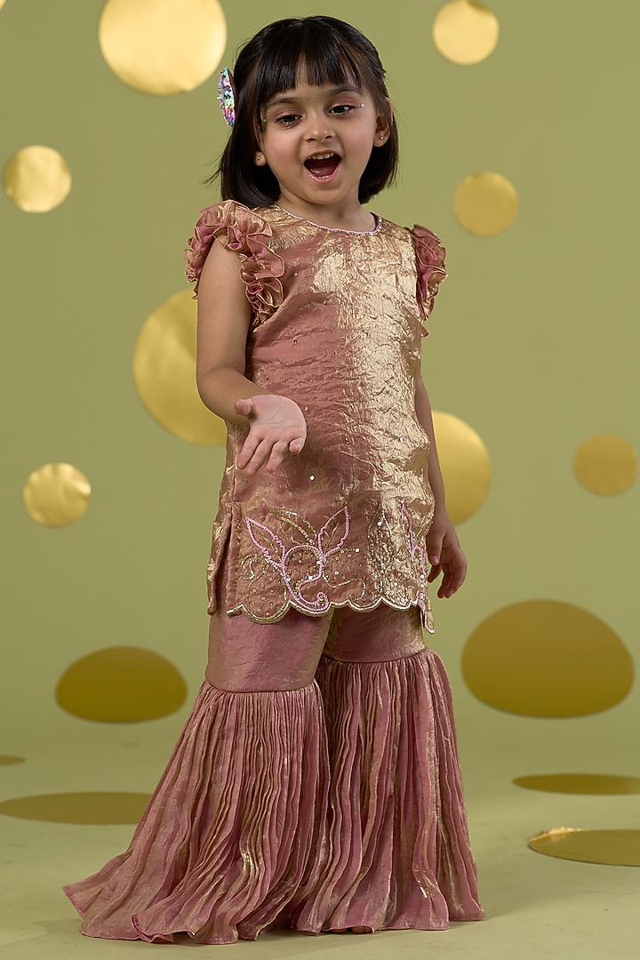 Pink Tissue Motif Hand Work Sharara Set For Girls by Vivedkids at Pernia's Pop Up Shop