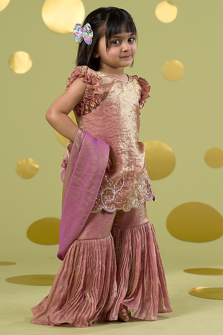Pink Tissue Motif Hand Work Sharara Set For Girls by Vivedkids at Pernia's Pop Up Shop