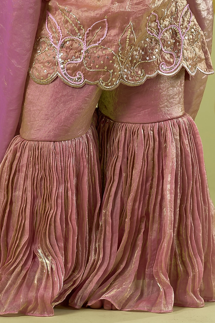 Pink Tissue Motif Hand Work Sharara Set For Girls by Vivedkids at Pernia's Pop Up Shop