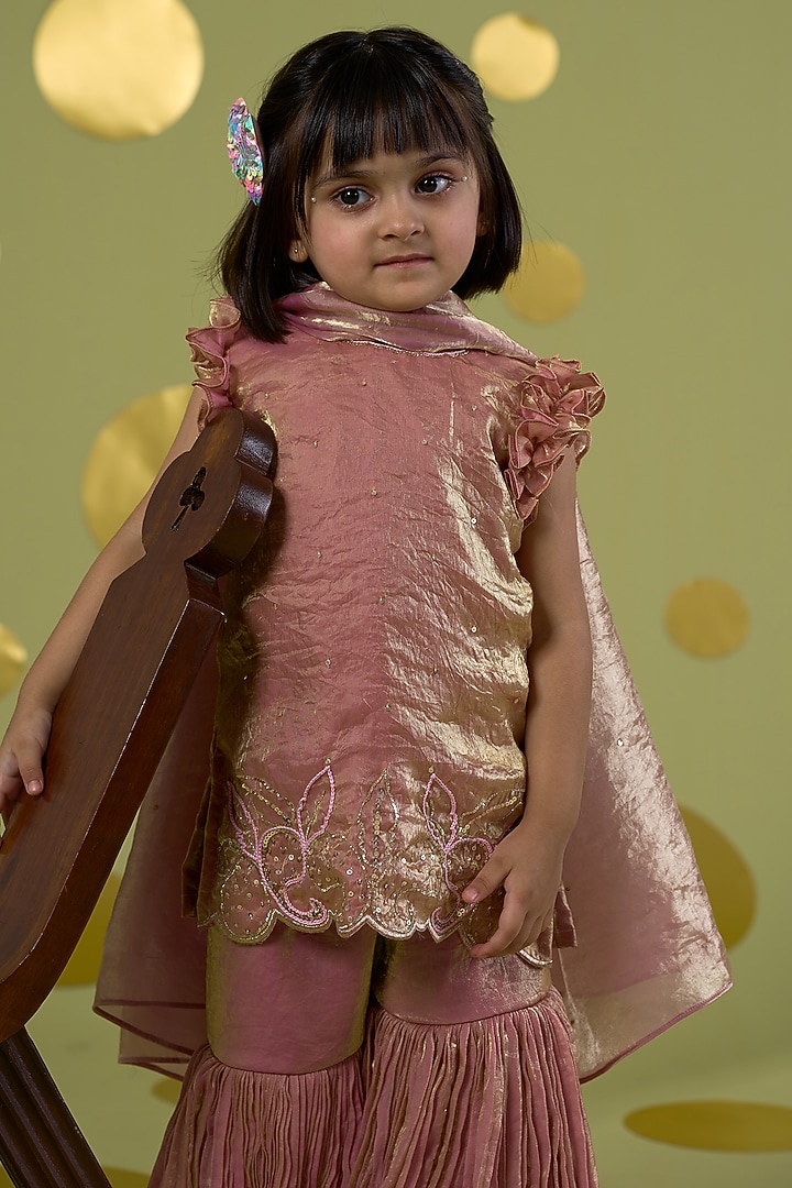 Pink Tissue Motif Hand Work Sharara Set For Girls by Vivedkids at Pernia's Pop Up Shop