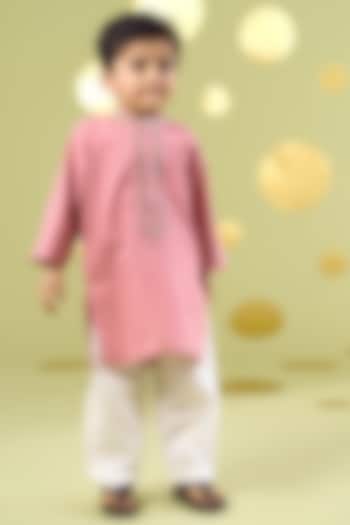 Pink Cotton Zardosi Embroidered Kurta Set For Boys by Vivedkids
