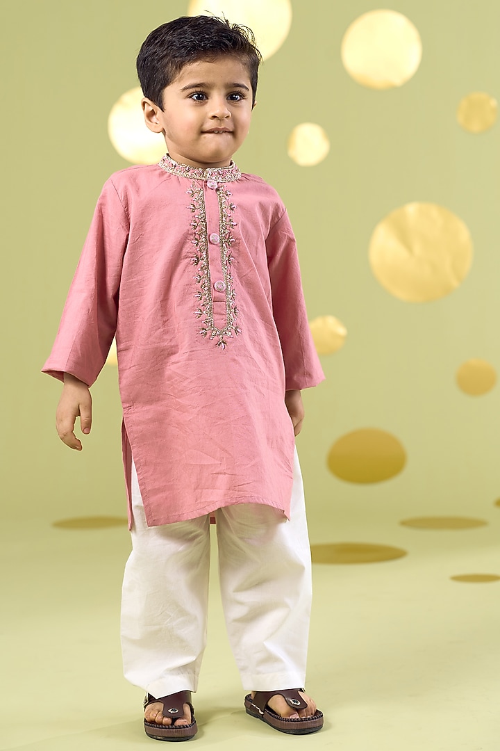 Pink Cotton Zardosi Embroidered Kurta Set For Boys by Vivedkids