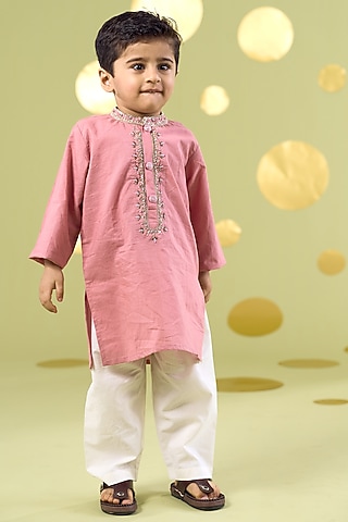 Pink Cotton Zardosi Embroidered Kurta Set For Boys by Vivedkids