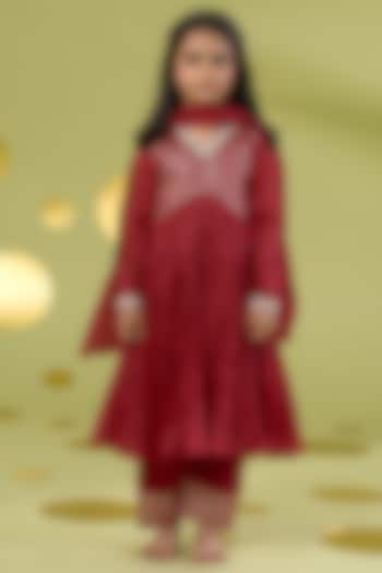 Red Tissue Gota Embroidered Anarkali Set For Girls by Vivedkids at Pernia's Pop Up Shop