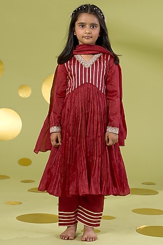Red Tissue Gota Embroidered Anarkali Set For Girls by Vivedkids