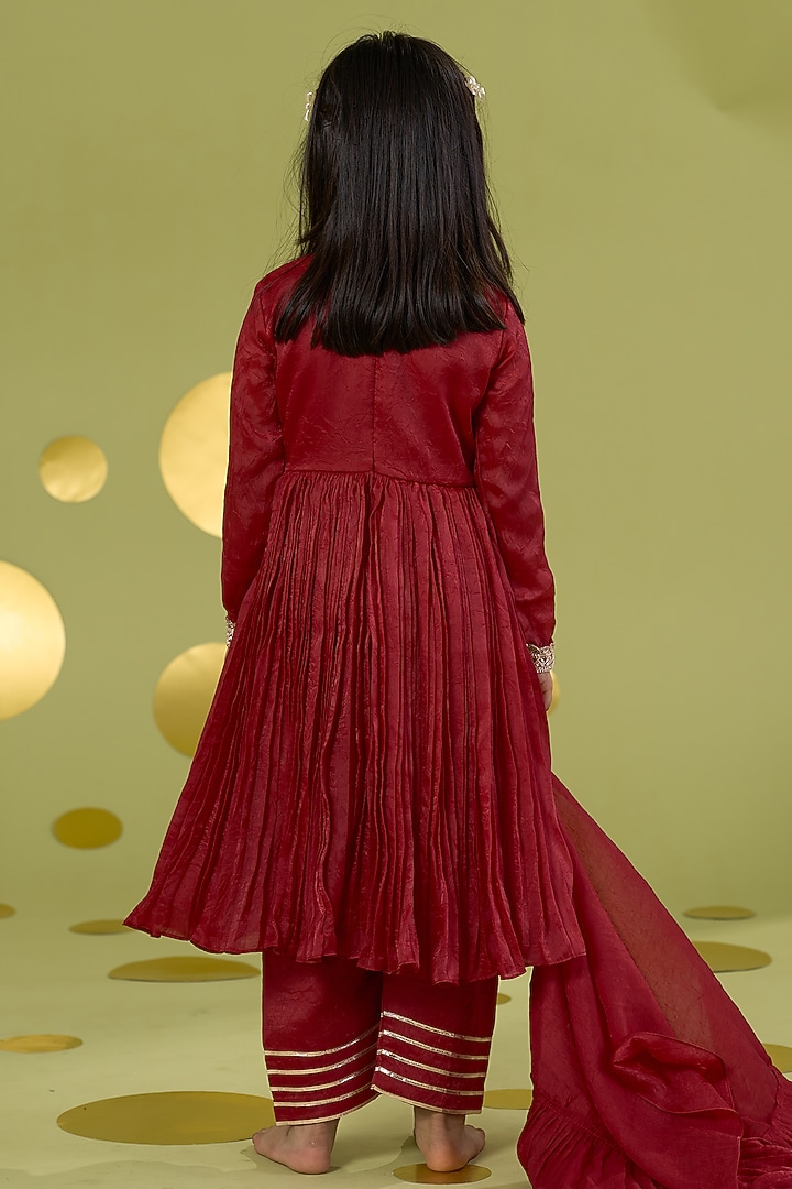 Red Tissue Gota Embroidered Anarkali Set For Girls by Vivedkids at Pernia's Pop Up Shop