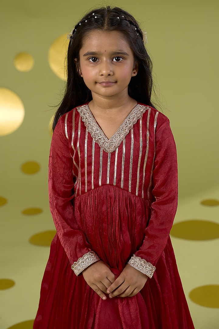 Red Tissue Gota Embroidered Anarkali Set For Girls by Vivedkids at Pernia's Pop Up Shop