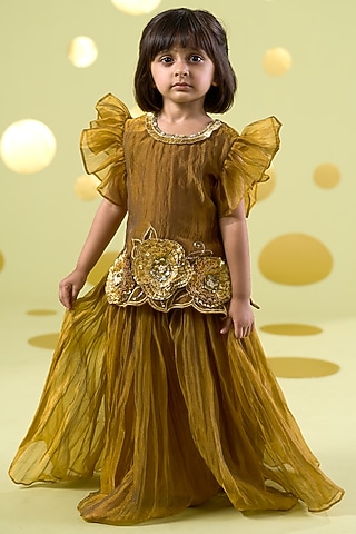Yellow Tissue Gota Embroidered Sharara Set For Girls by Vivedkids
