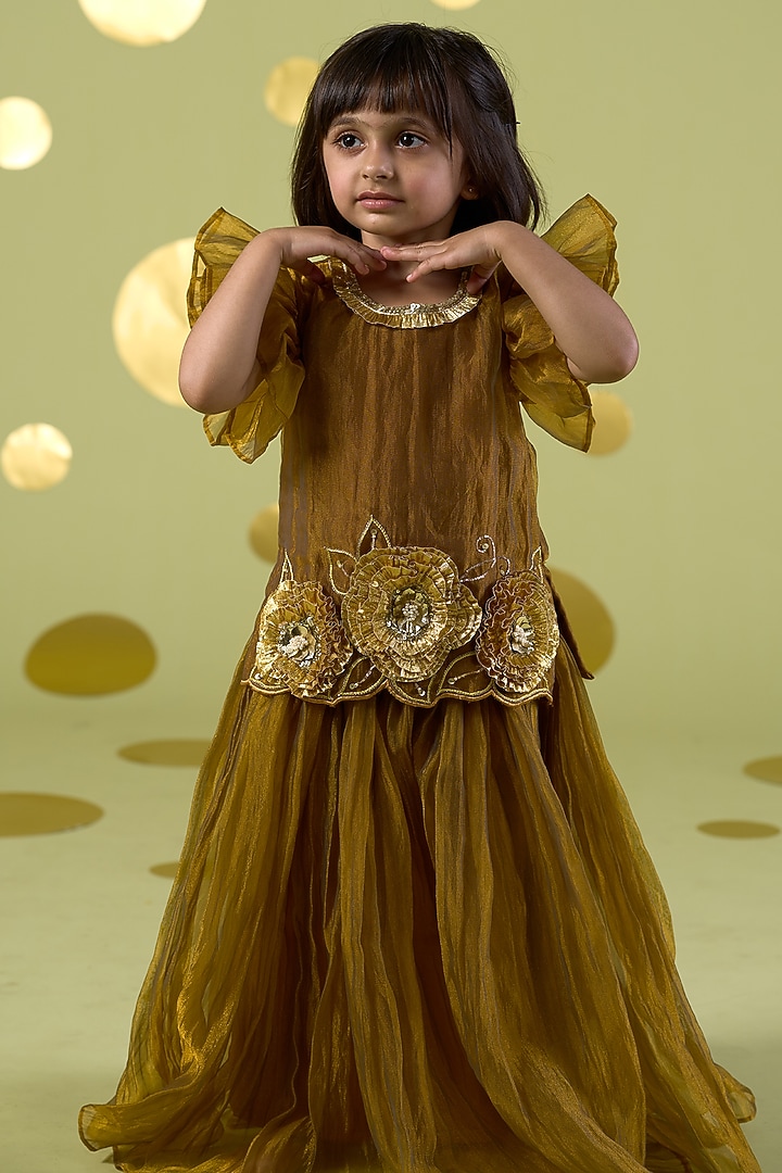 Yellow Tissue Gota Embroidered Sharara Set For Girls by Vivedkids at Pernia's Pop Up Shop