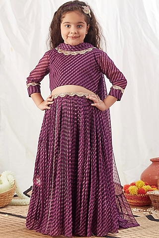 Purple Chiffon Printed Lehenga Set For Girls by Vivedkids