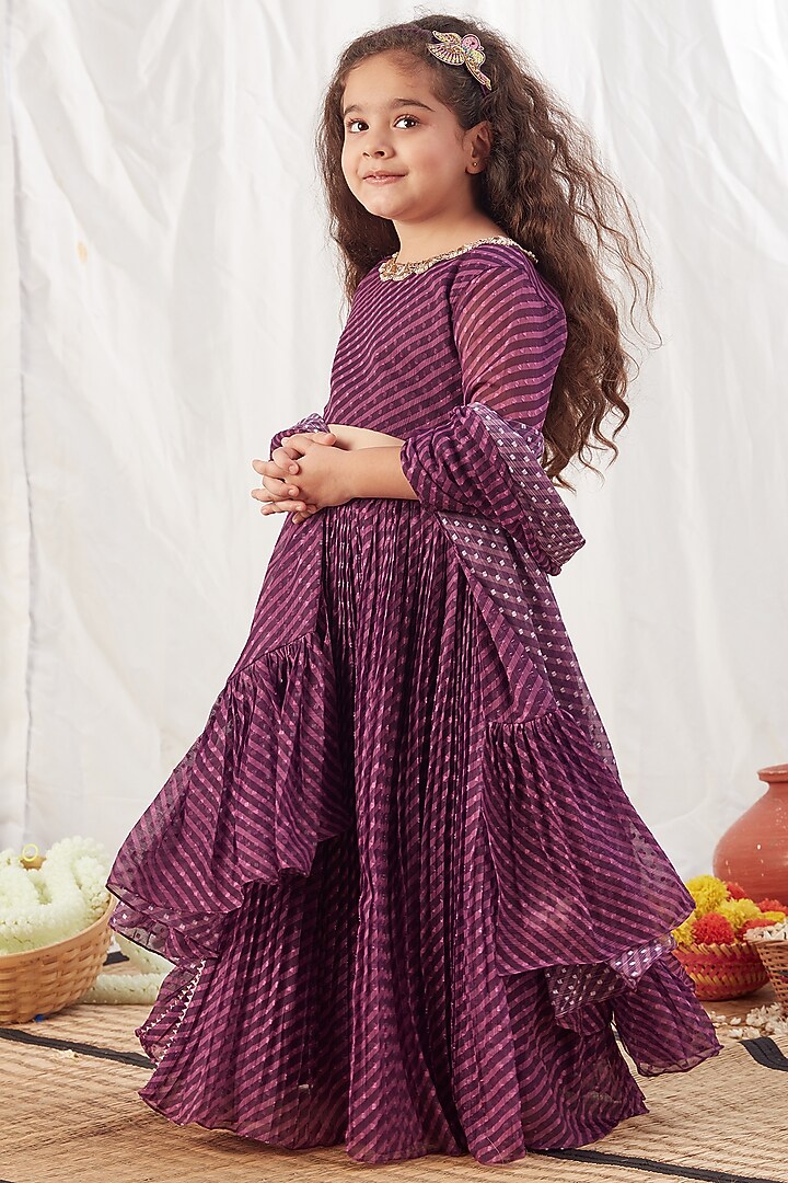 Purple Chiffon Printed Lehenga Set For Girls by Vivedkids at Pernia's Pop Up Shop