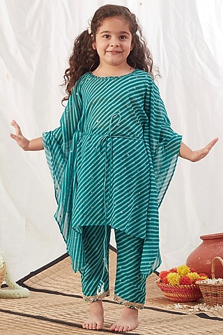 Turquoise Printed Kaftan Set For Girls by Vivedkids