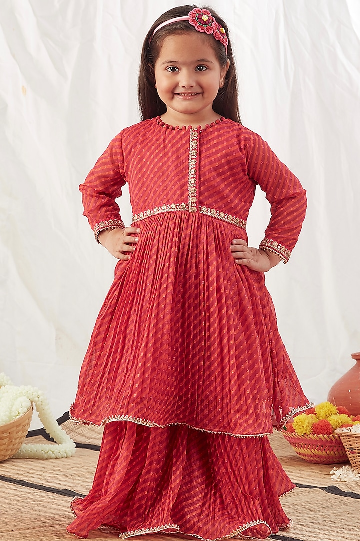 Red Printed Lehenga Set For Girls by Vivedkids